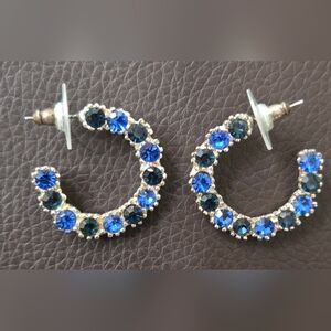 Elegant Alternating Blue Crystals Hoop Earrings. Excellent Cond.